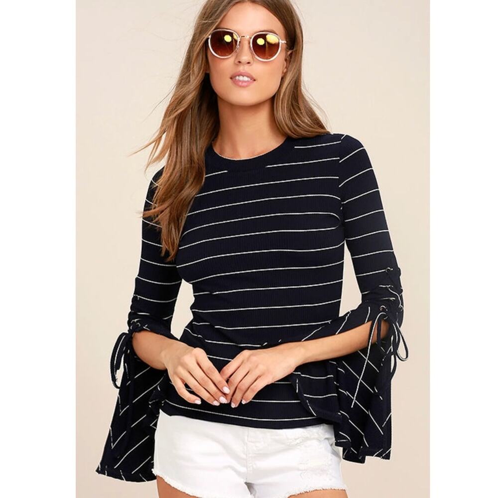 Lulus Women's XS Found My Mate Striped Flare Sleeve Pullover Blouse